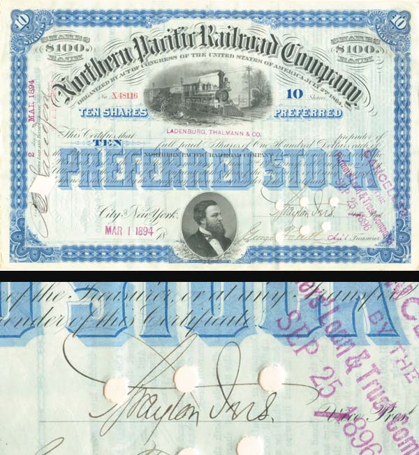 Northern Pacific Railroad Co. signed by Brayton Ives - Stock Certificate
